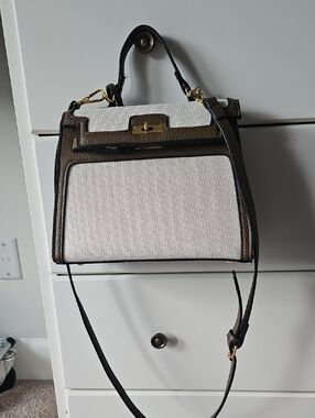 Canvas and Brown Leather Structured Top-Handle Bag. Bought At VICI